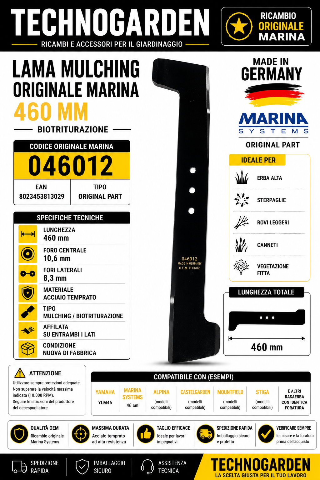 Lama tagliaerba Marina Systems 460 mm originale Cod. 046012