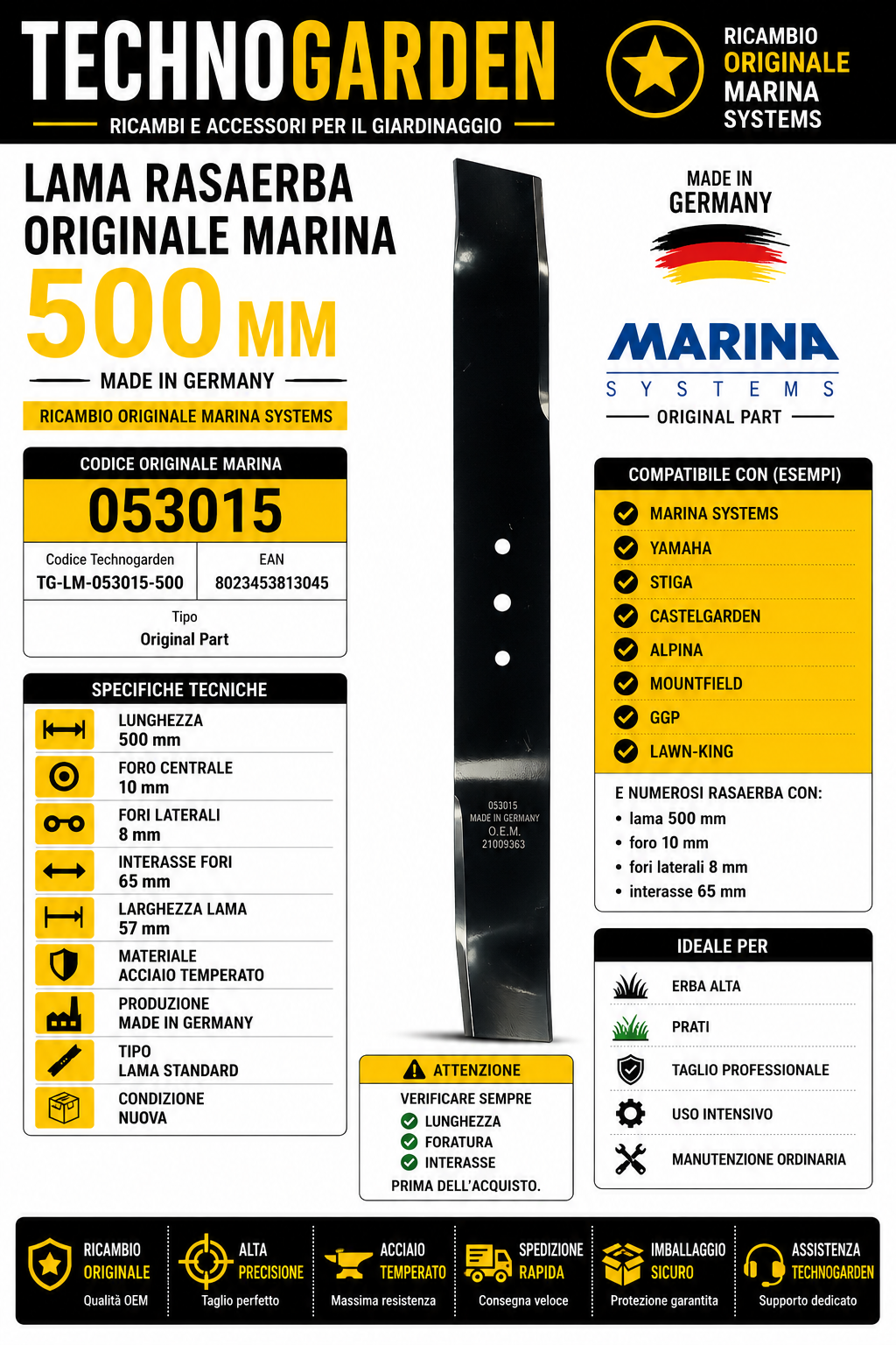 Lama rasaerba originale Marina Systems 500 mm OEM 054016 Made in Germany